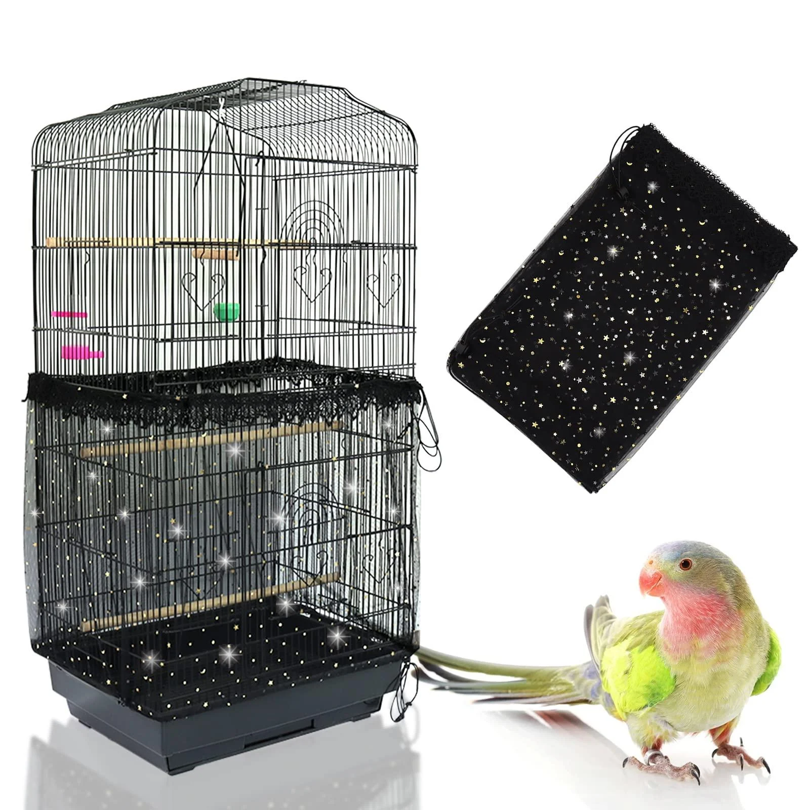 Daoeny Bird Cage Cover, Adjustable Bird Cage Seed Catcher, Universal Nylon Mesh Netting with Twinkle Moon Star, Birdcage Skirt Seed Guard with Lace for Parrot Parakeet Round Square Cages (Black) 78.7 x 15.7 Inch/ 200 x 40 cm Black, Sequins Star