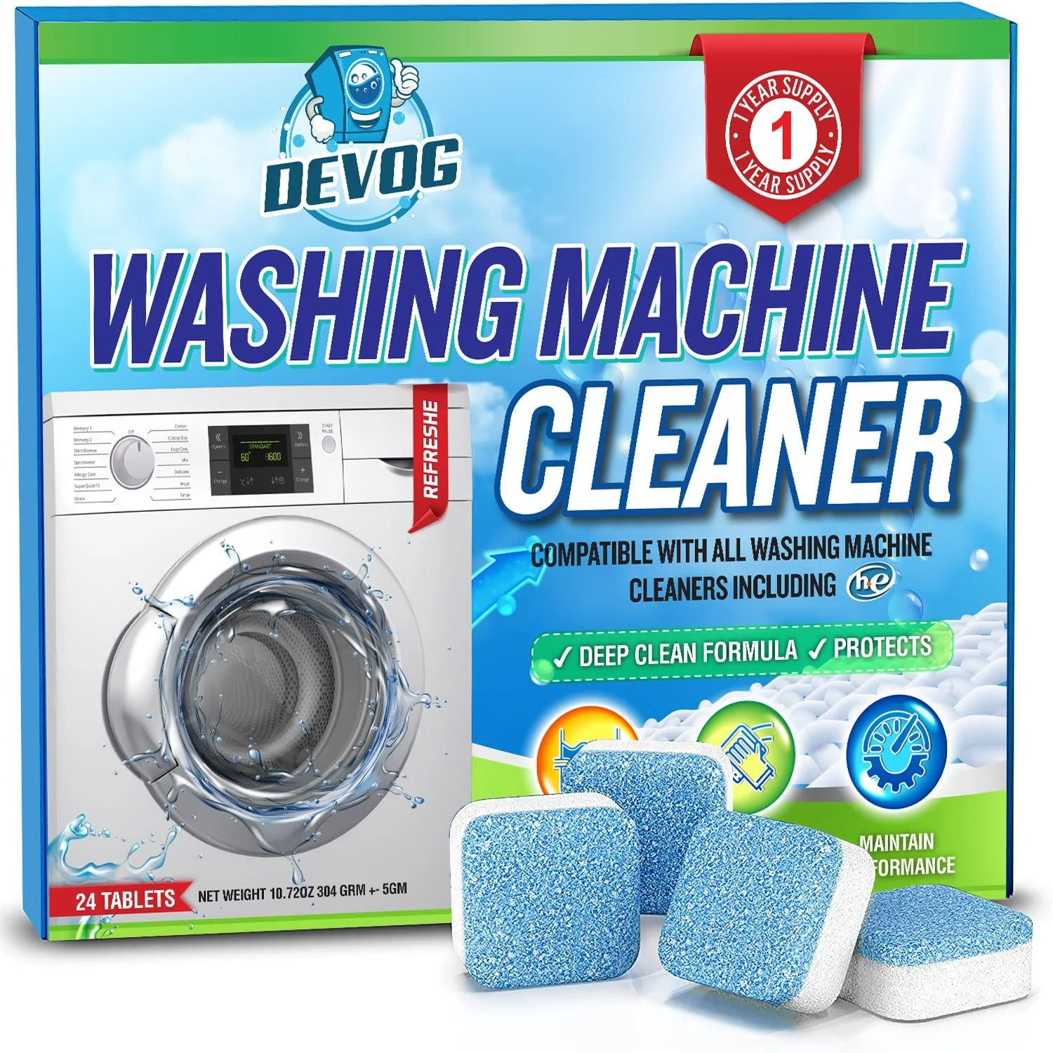DEVOG Washing Machine Cleaner, 24 pcs Washer Machine Cleaner with Deep Cleaning Formula, 1 Year Supply, Washer Cleaner for Front Loader, Top Loader and HE