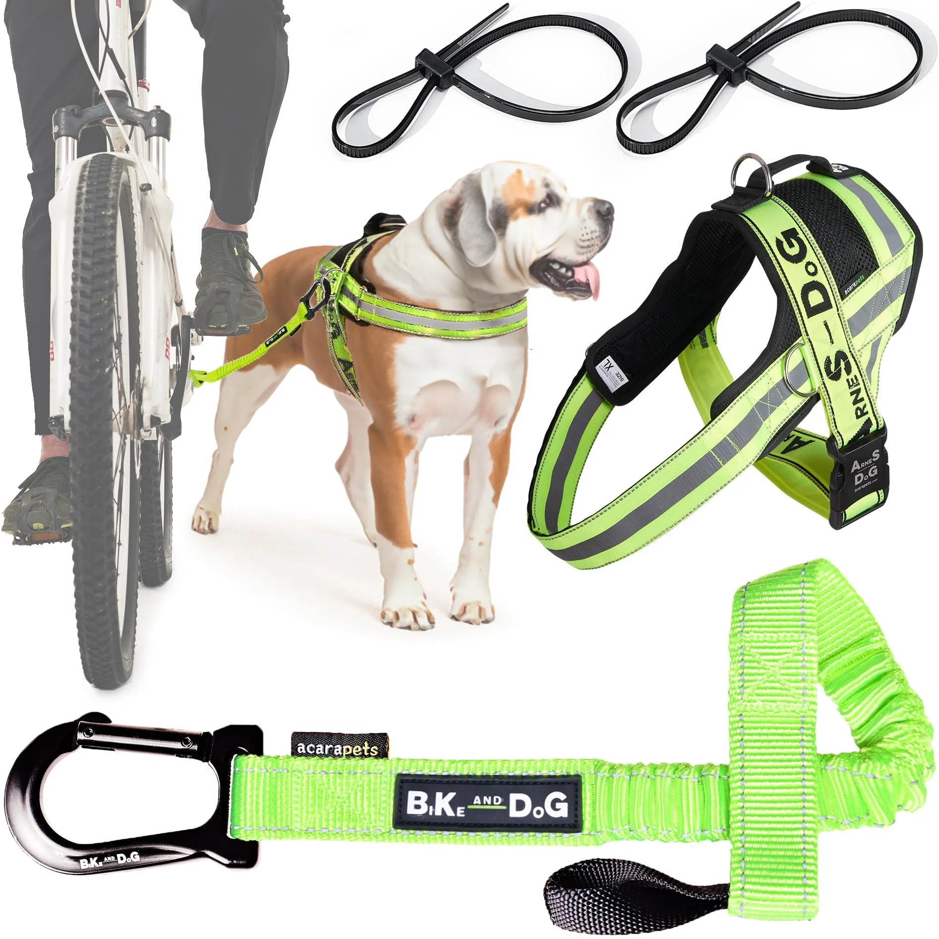 Bike and Dog - dog leash and dogs for the bike dishes with 3 rings 2 of which side including 2 special bicycle bridles.Patented.Dog leash and dog harness XL yellow