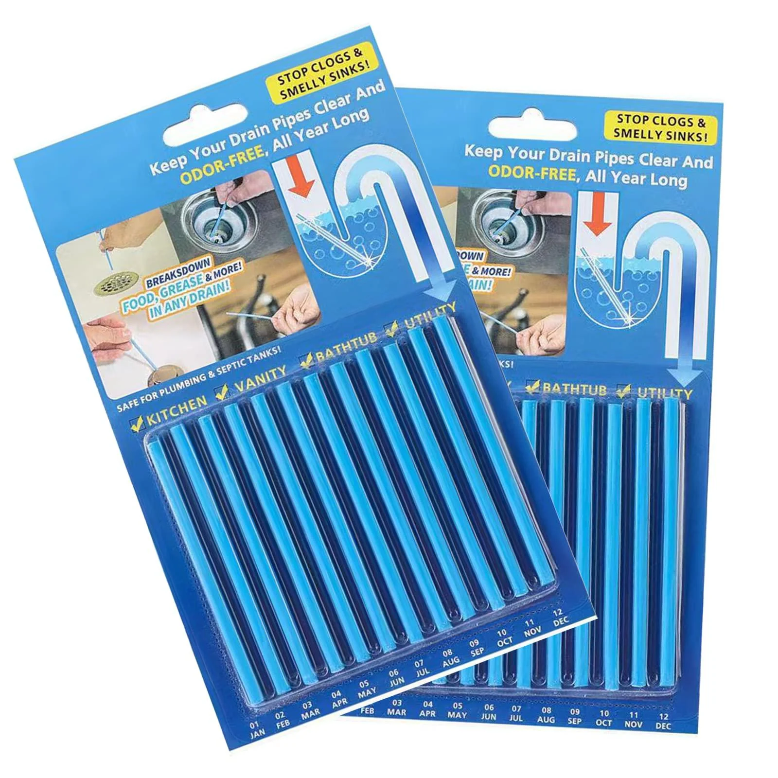 2 Packs of 12 Drain Cleaner Sticks & Sink Deodorizer Sticks for Bathroom Kitchen Prevents Plug Hole Obstructions(Bule) - PeiDog