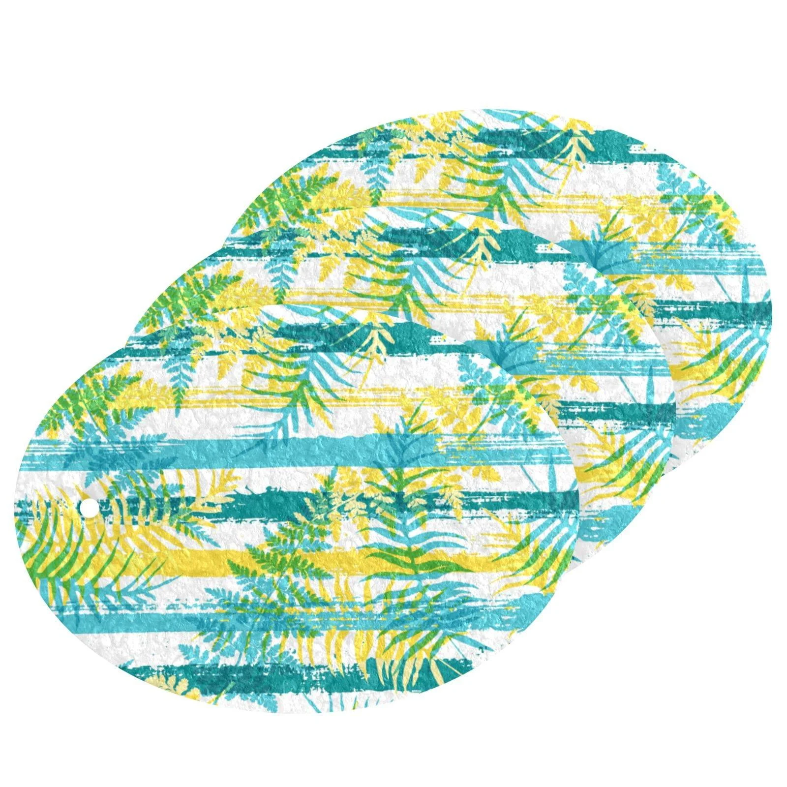 3-Pack Cleaning Kitchen Sponges Oval Yellow Blue Leaf Stripes Kitchen Cellulose Dishwashing Wood Pulp Cotton