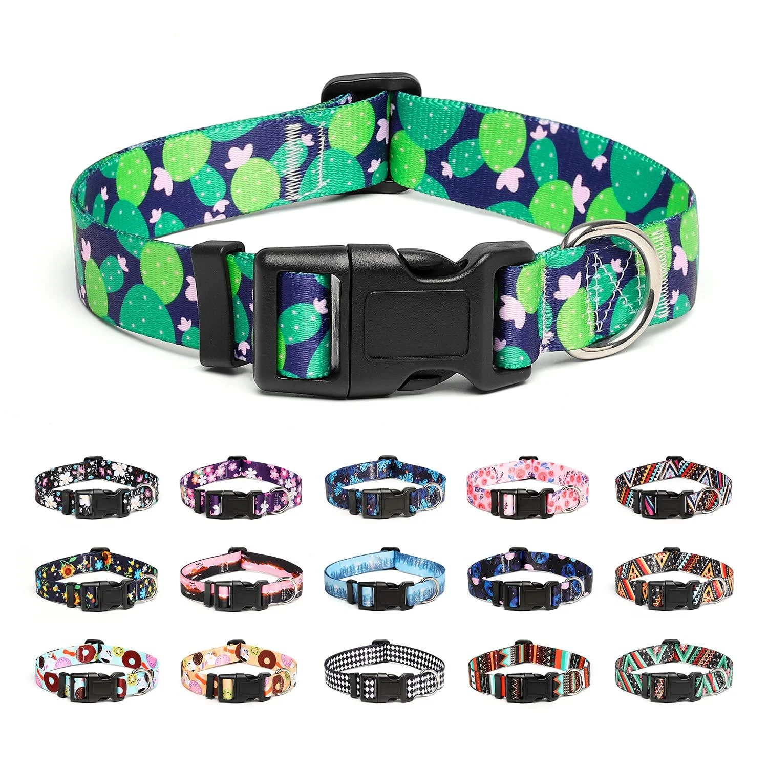Mercano dog collar adjustable soft nylon comfort & robust patterned dog collar for small medium large dog puppies (L cactus) l cactus