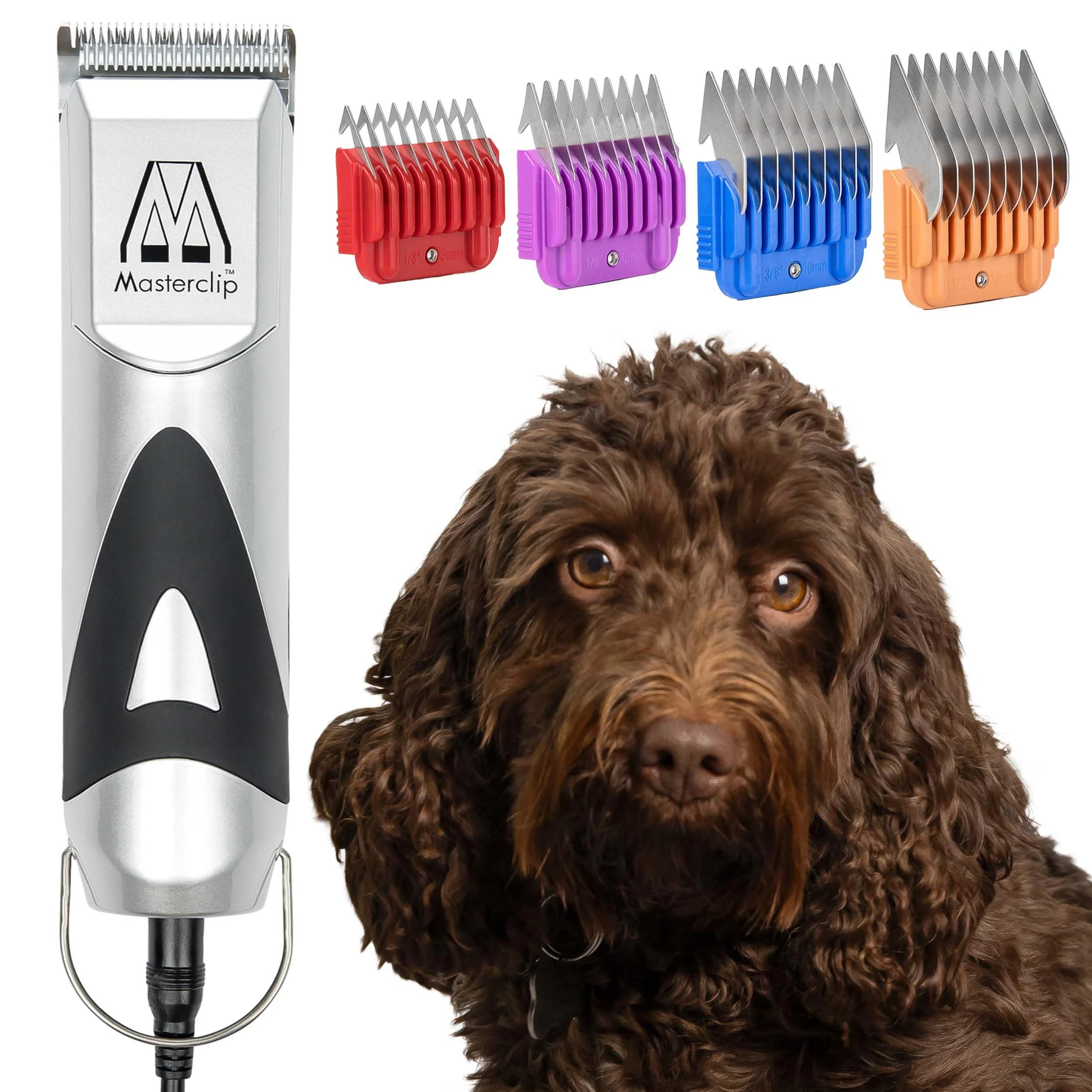 Masterclip Dog Clippers for Cockapoo Cavapoo Cavachon Labradoodle & Poodle. Mains Powered Dog Clippers with #10 & 3mm 6mm 10mm 13mm Comb Guides