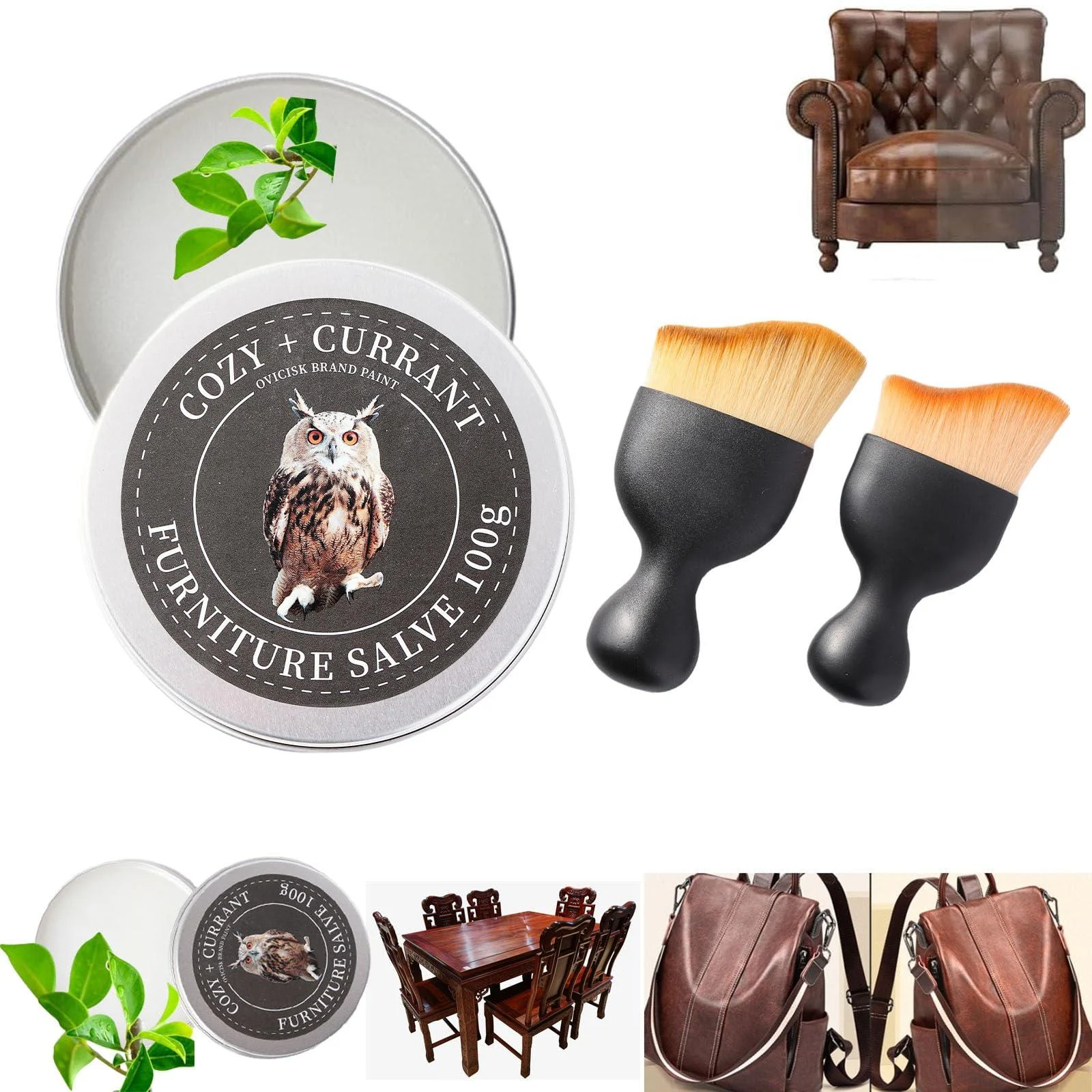 1+2 New Wise Upgrade Owl Furniture Salve for Leather Furniture Salve Leather Salve and Brush Universal Premium Leather Salve Best Furniture Salve for Wood and car leather care(1+2/set) - OVICISK