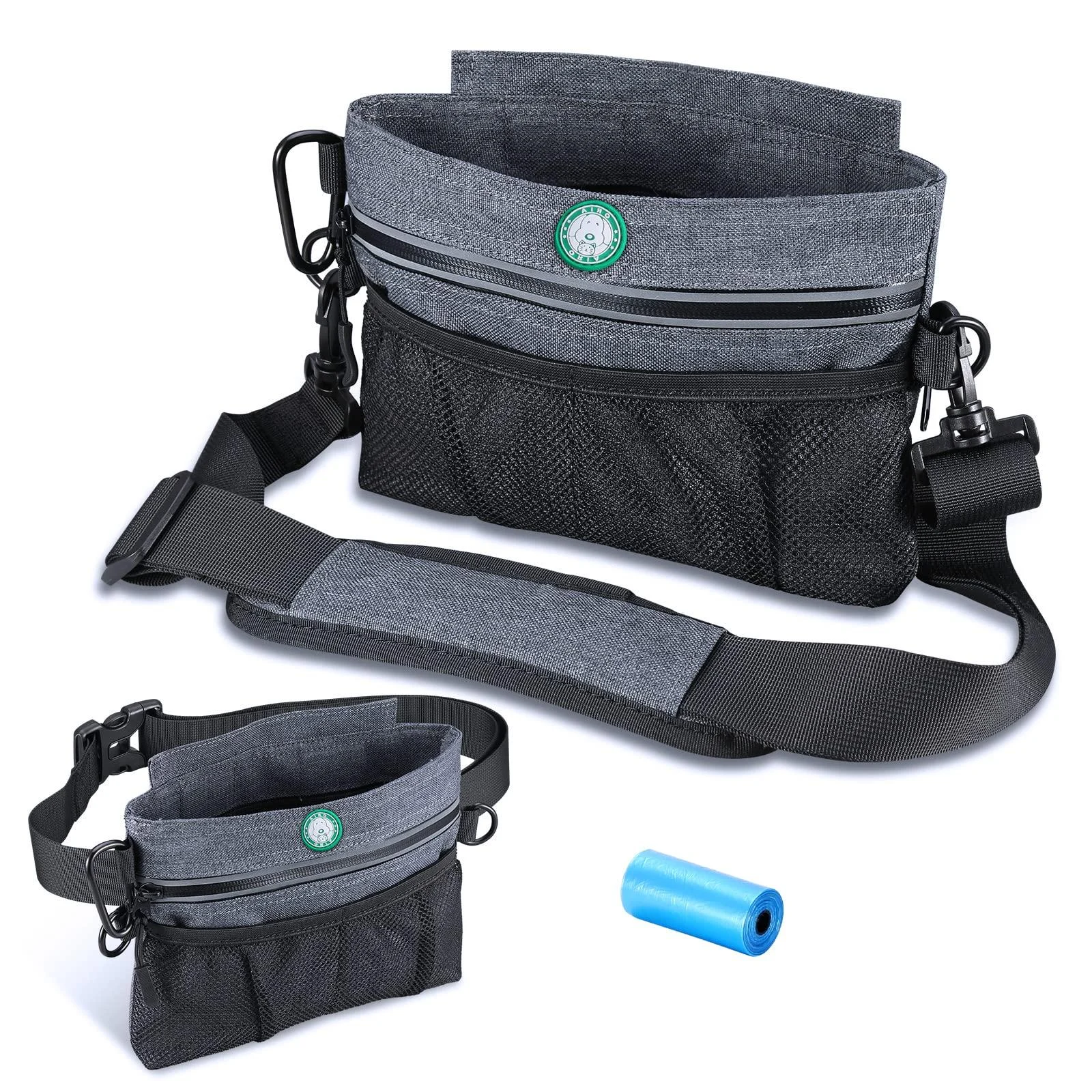 Dog Treat Training Pouch with Magnetic Closure Brifit Pet Out Dog Treat Pouches Removable Inner Double Pocket Padded Carrying Straps Built-in Poop Bag Dispenser Dog Food Walking Bag (1 Roll Waste Bag) Grey