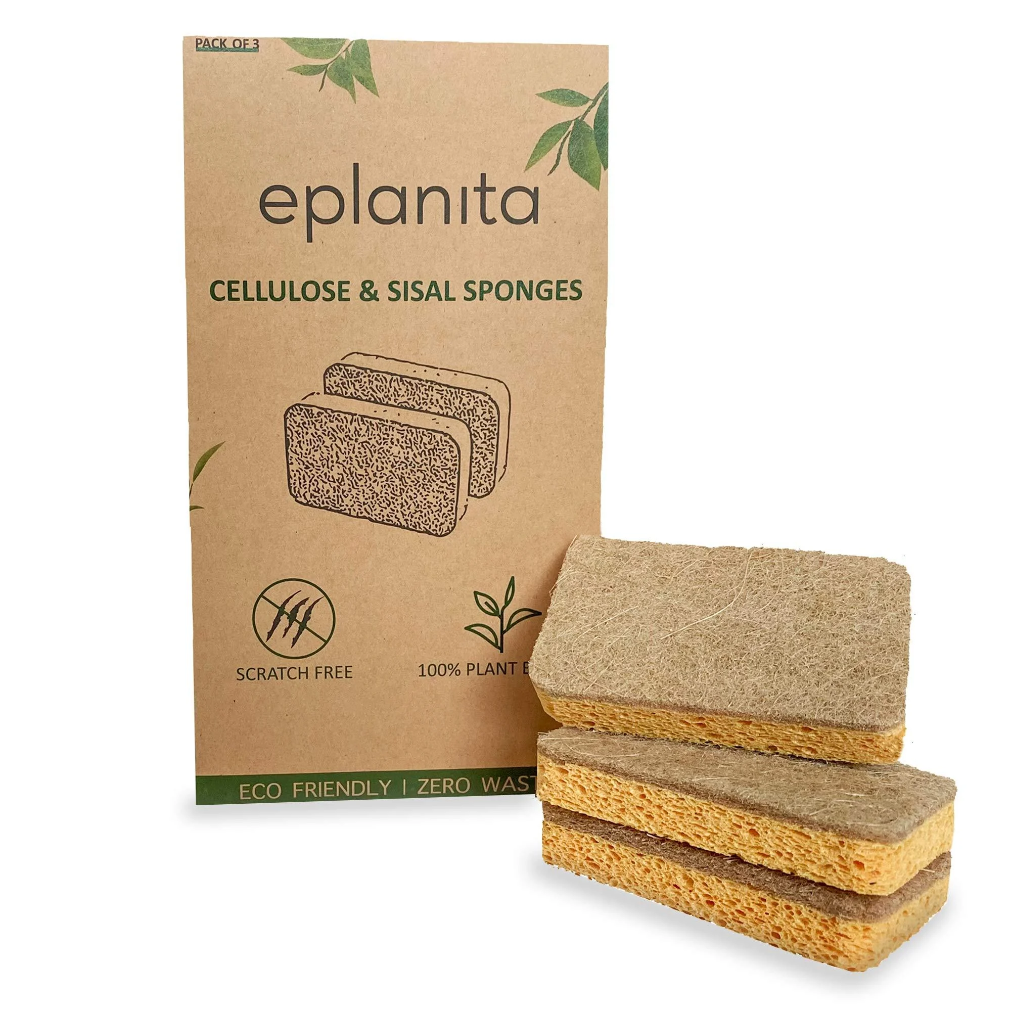 eplanita Natural Plant Based Scrub Sponges (3 Pack) Non-Scratch Biodegradable Eco Scourers for Kitchen and Bathroom 3 Count (Pack of 1)