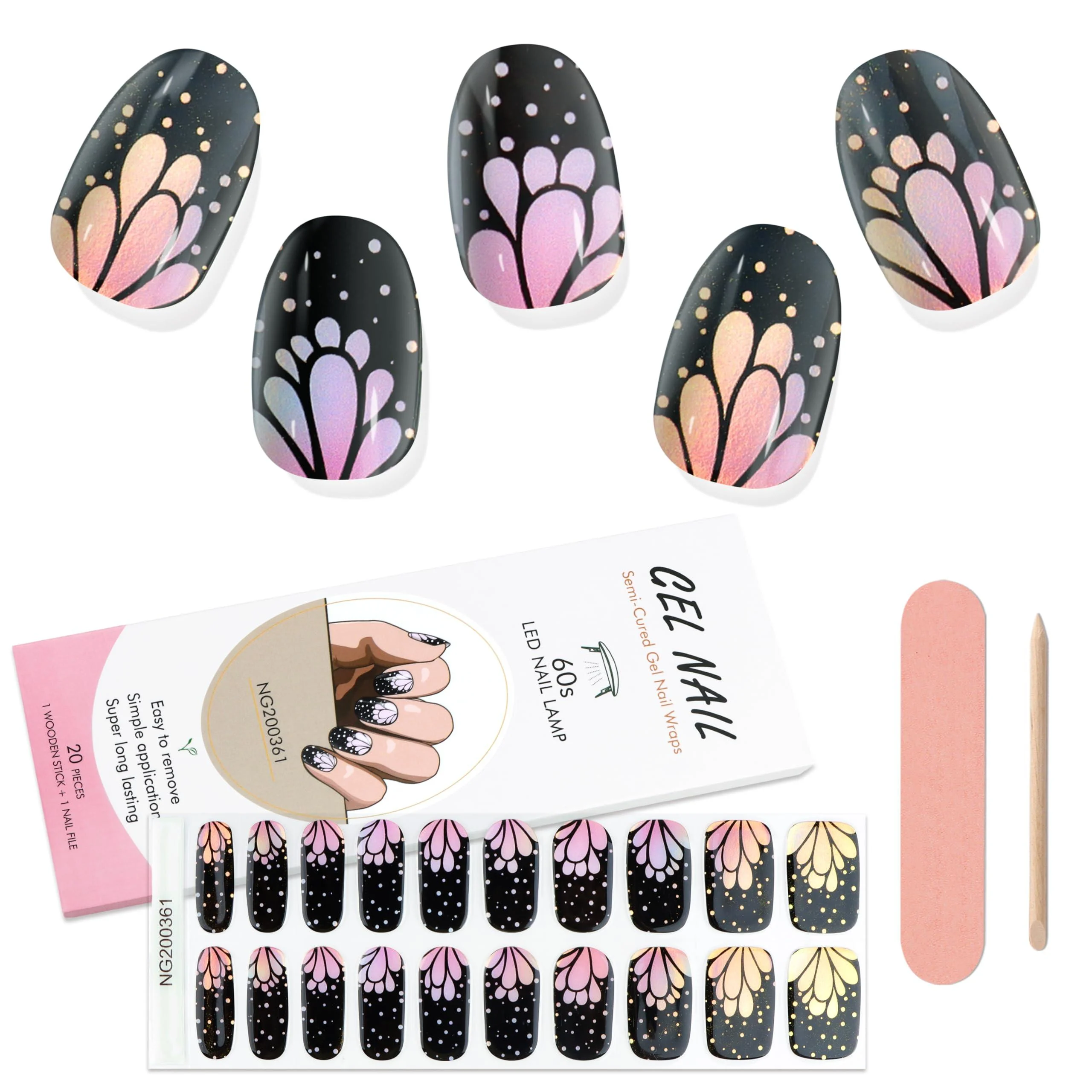 Kalolary Gel Nail Polish Strips Semi Cured Nail Gel Art Sticker Waterproof Full Nail Wraps Decal Sets with Nail File and Stick for Women Girls Nail Art Decor (UV/LED Lamp Required) (14)