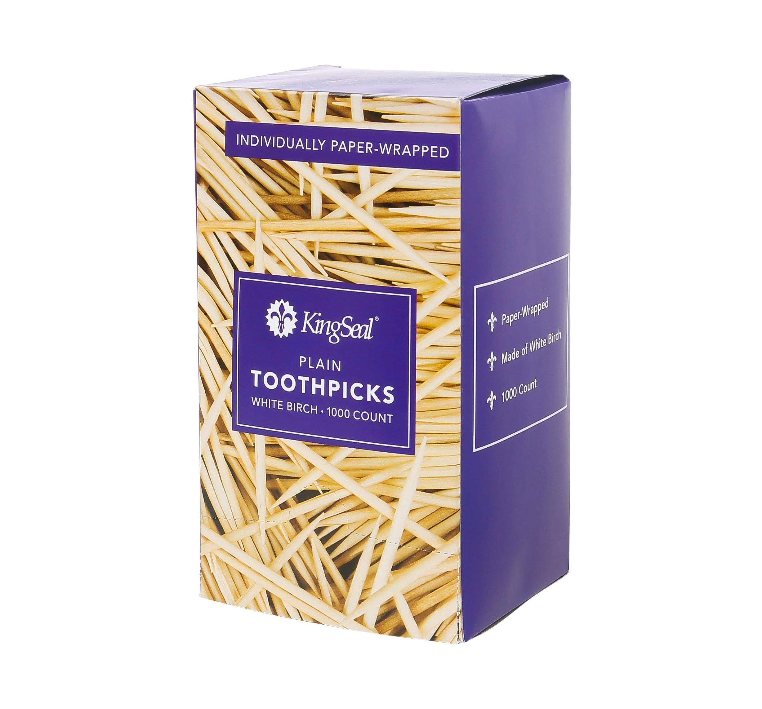 KingSeal Individually Paper Wrapped PLAIN Unflavored Birch Toothpicks, Eco-Friendly and Compostable, 2.5 Inches - 4 boxes of 1000 (4000 Count)