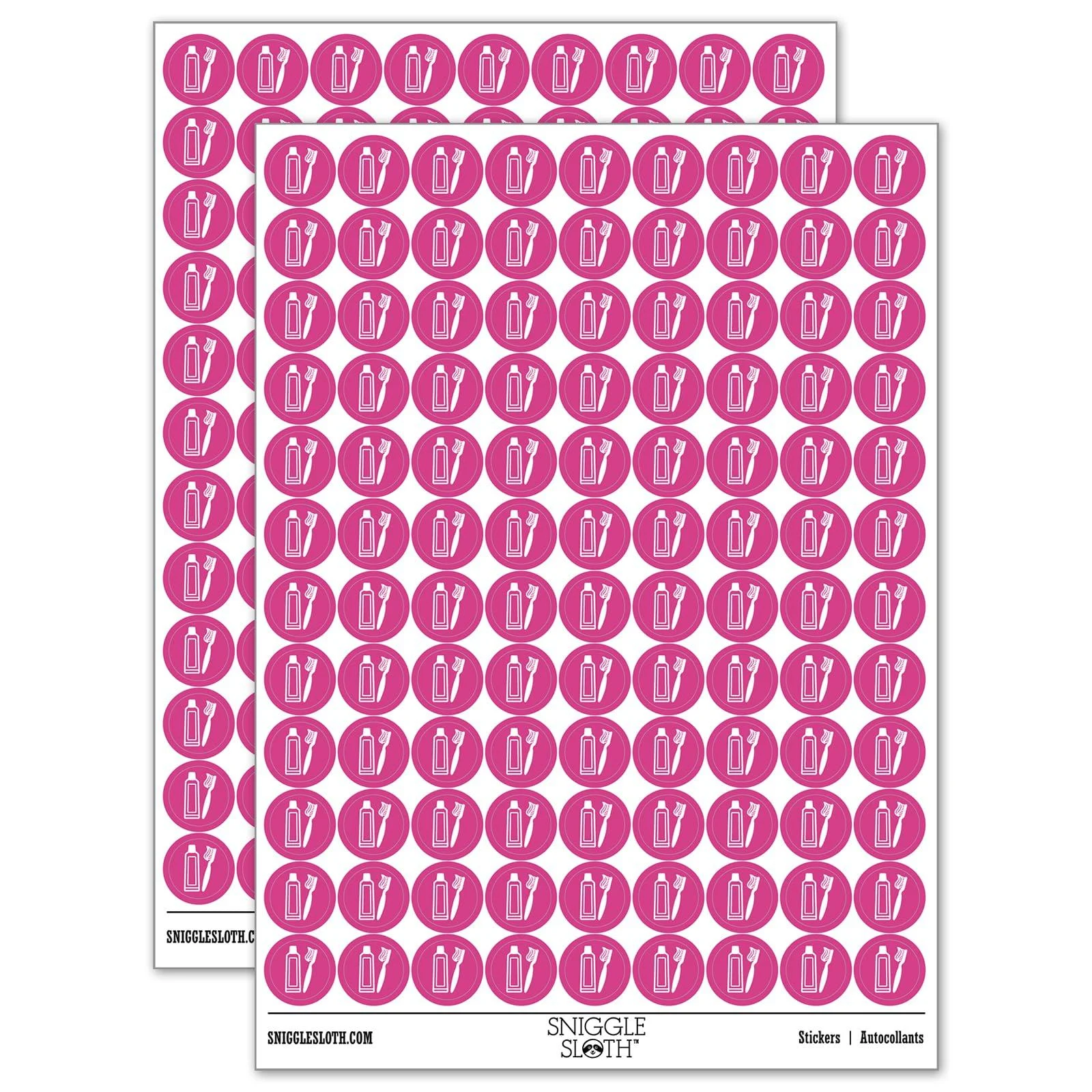 Sniggle Sloth Toothbrush and Toothpaste Dentist 200+ Round Stickers - Matte Finish - 0.50" Size - Hot Pink