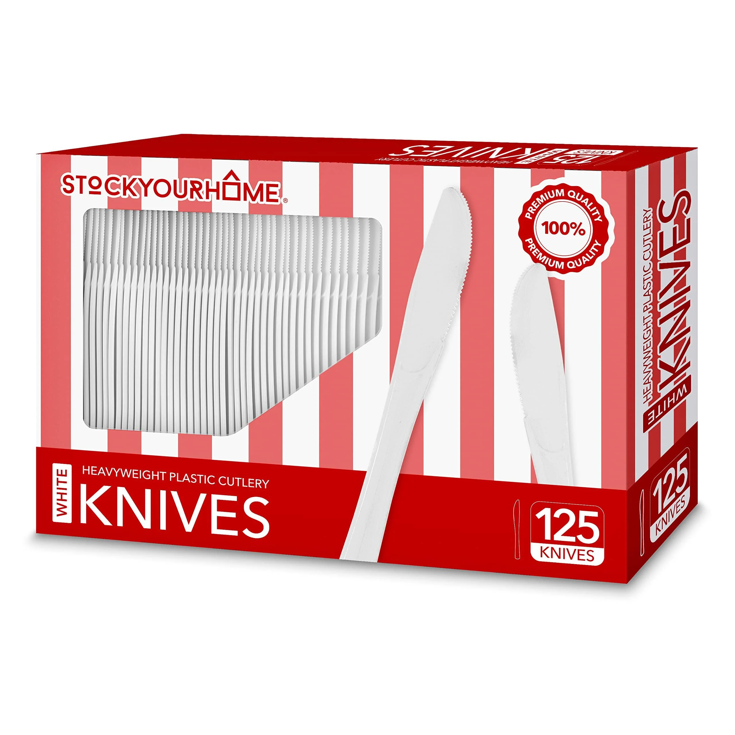 Stock Your Home (125-Count Plastic Knives, Disposable Silverware for Dinner, Heavy Duty Utensils, Heavyweight Party Flatware, Bulk Cutlery in White Knives White