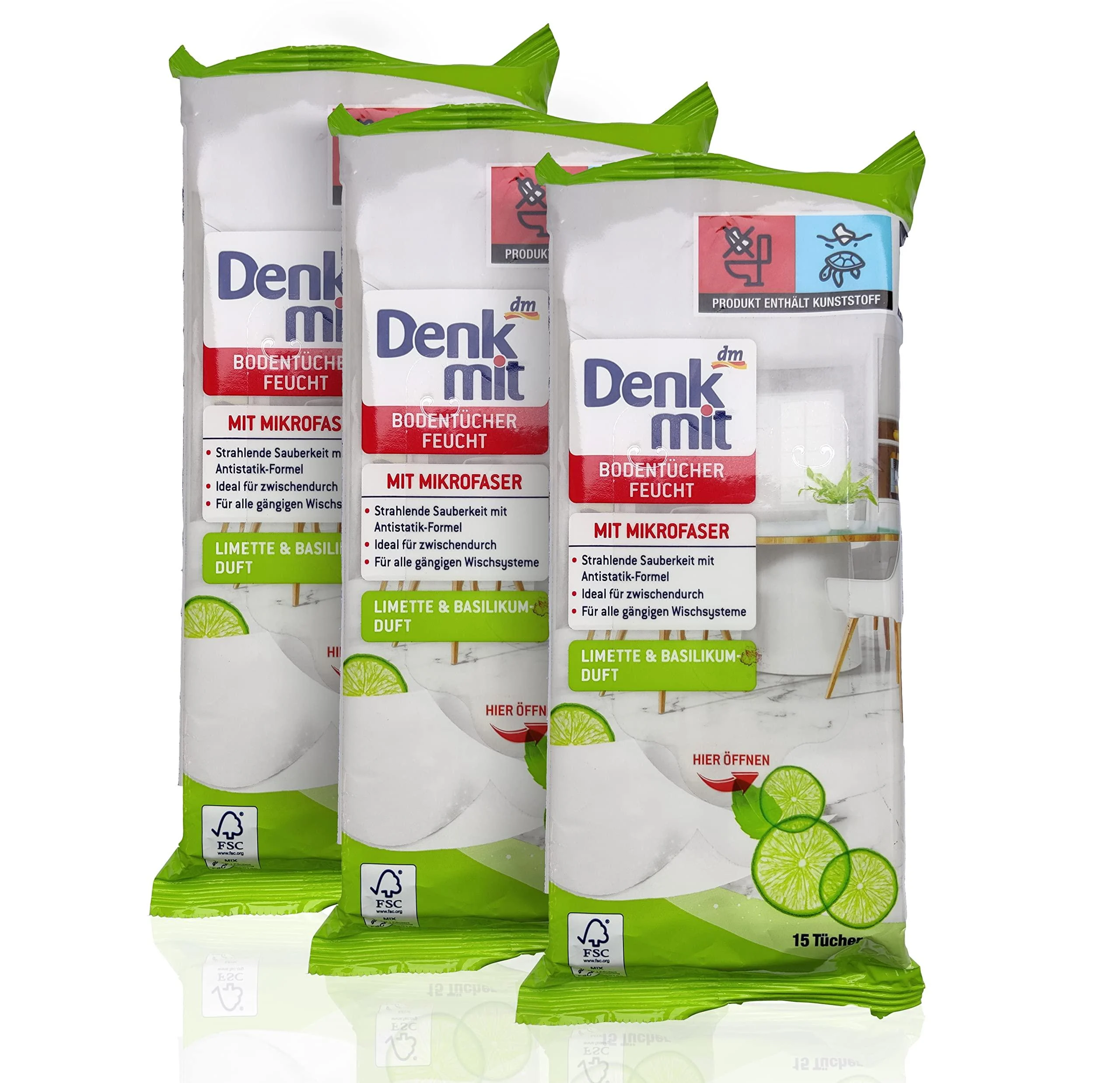 Denk - with moist floor wipes lime & basil 45 pieces (pack of 3)