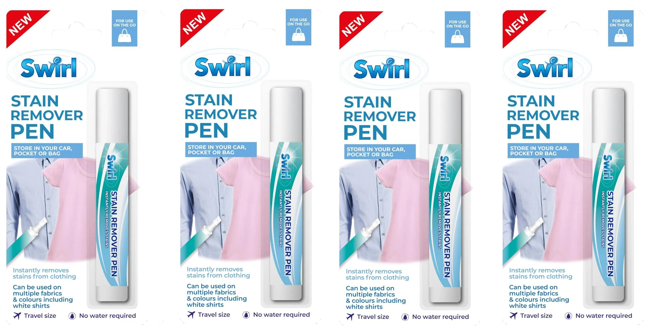 Pack of 4 Stain Remover Pen 10ml | On-the-Go Stain Solution for Coloured and White Fabrics by Swirl