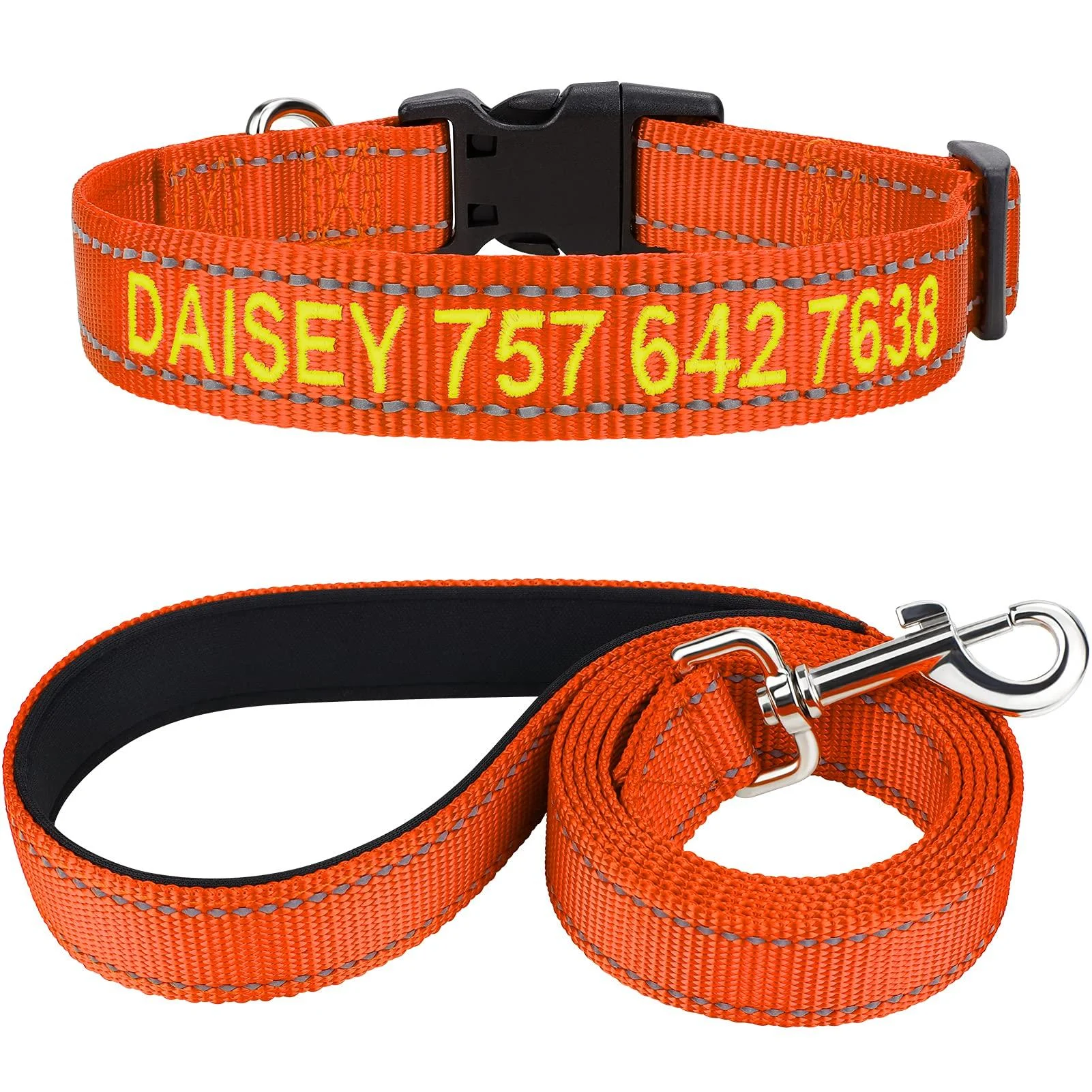 Tagme dog collar and leash personalizing reflective dog collar with 1.5m double -sided reflective dog leash for large dogs orange XL (1 Pack) orange set