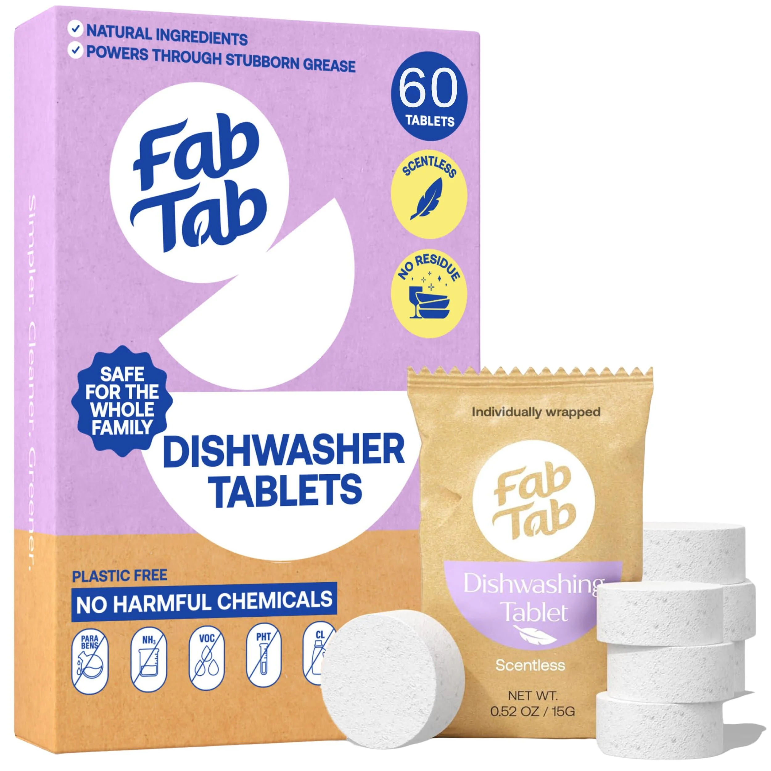 Fabtab Dishwasher Detergent Tablets - Mild Formulation Plant-Based for Guaranteed Freshness Scentless- Plastic -Free. Removes Coffee and Tea Stains - No Residue- 30 Tablets