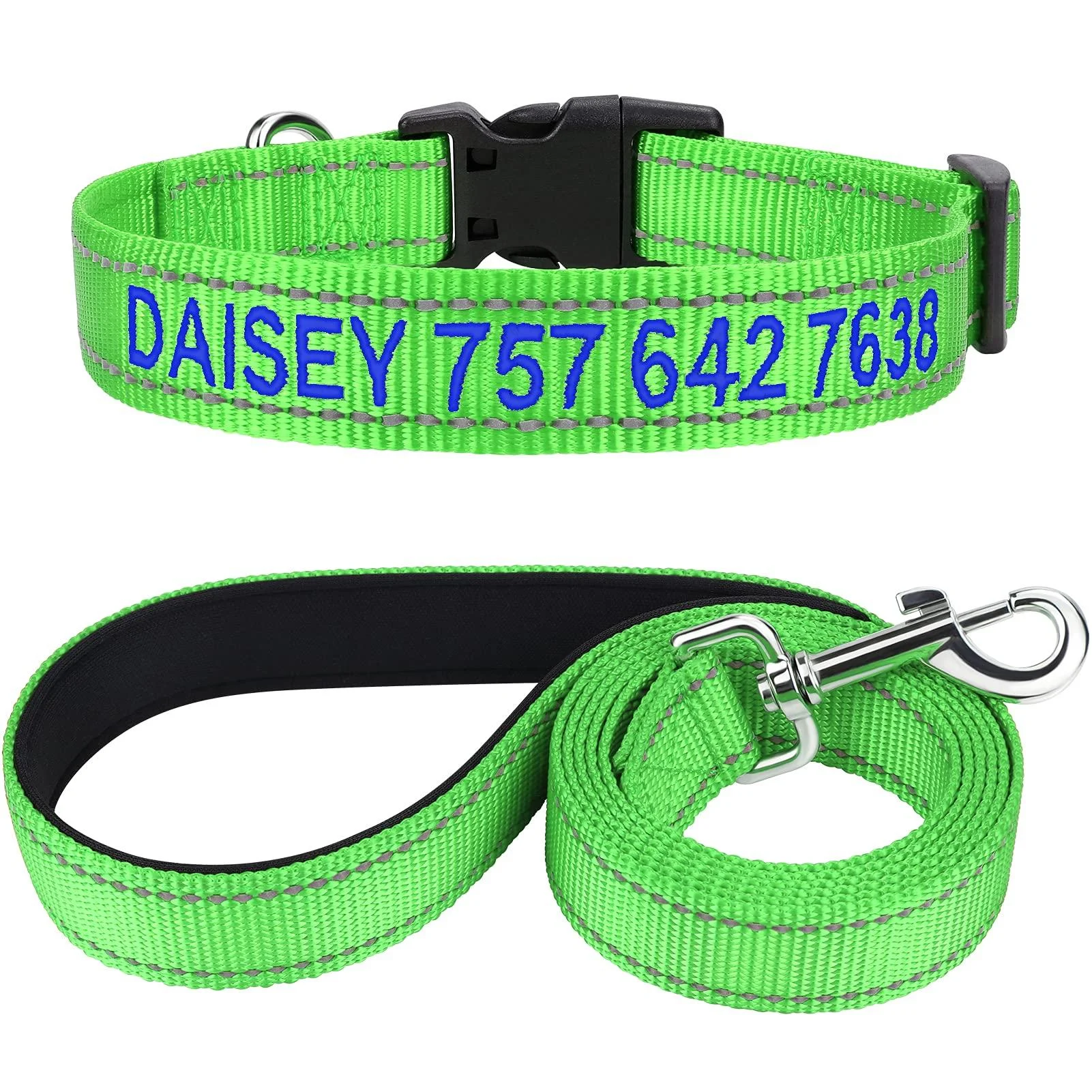 Tagme dog collar and leash personalizing reflective dog collar with 1.5m double -sided reflective dog leash for large dogs green l (1 Pack) green set