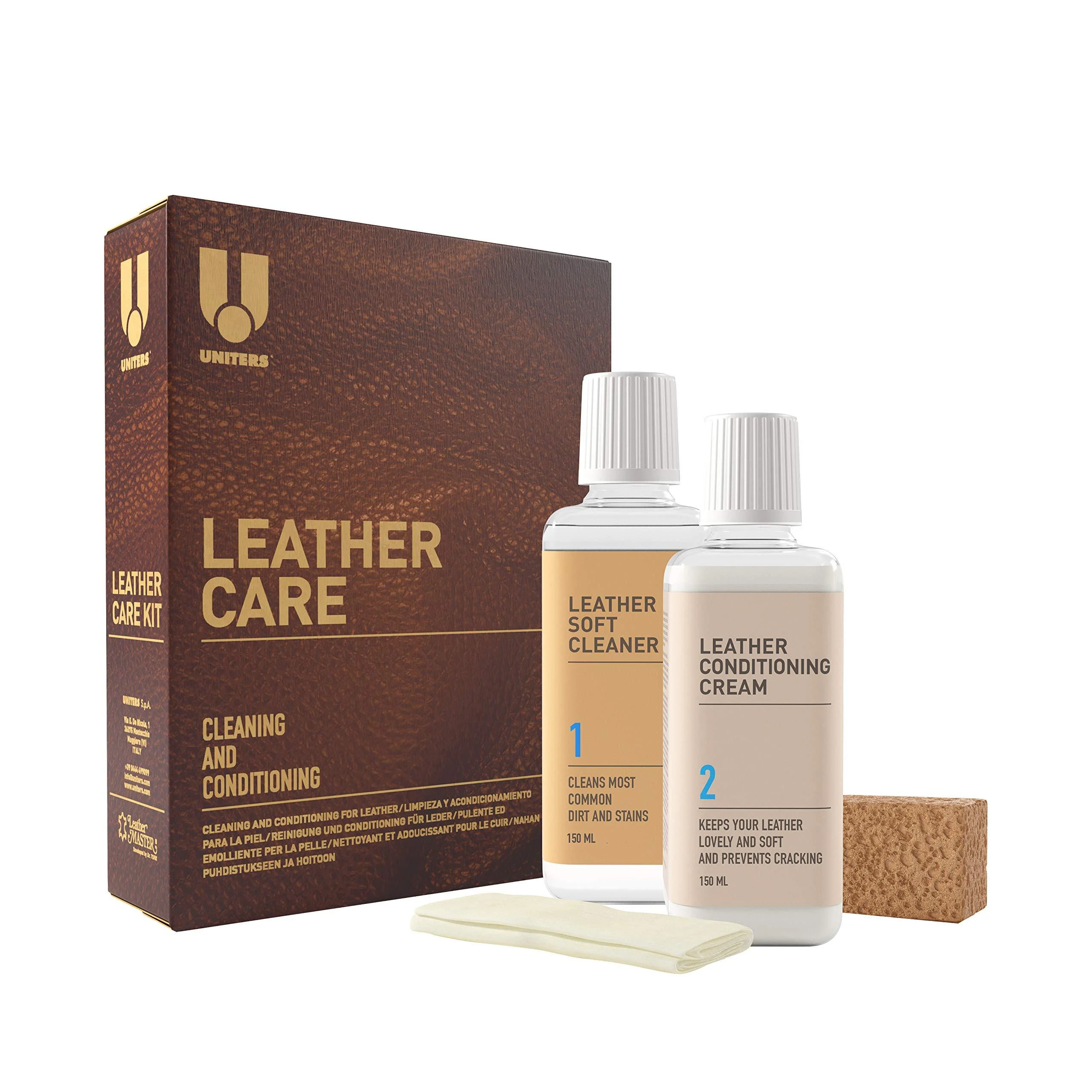 UNITERS Leather Care Kit - 2 Pack Leather Cleaner and Protection Cream for Furniture, Sofa, Car Seat, Handbag, Wallets, and Jackets - Stain, Oil, Dirt Remover and Protector - 150 ml Bottles