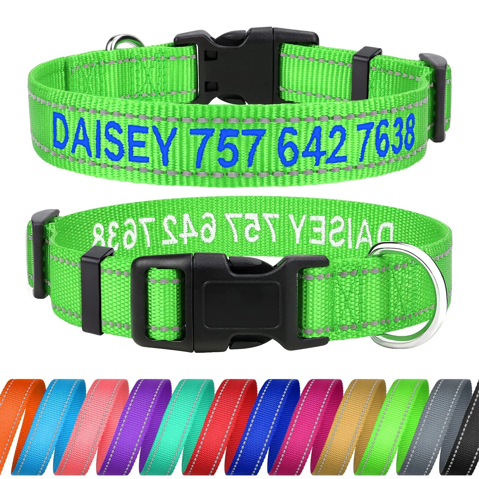 Tagme personalized dog collar for small dog with embroidered reflective nylon dog collar with pet name & telephone number green s s (1 Pack) green