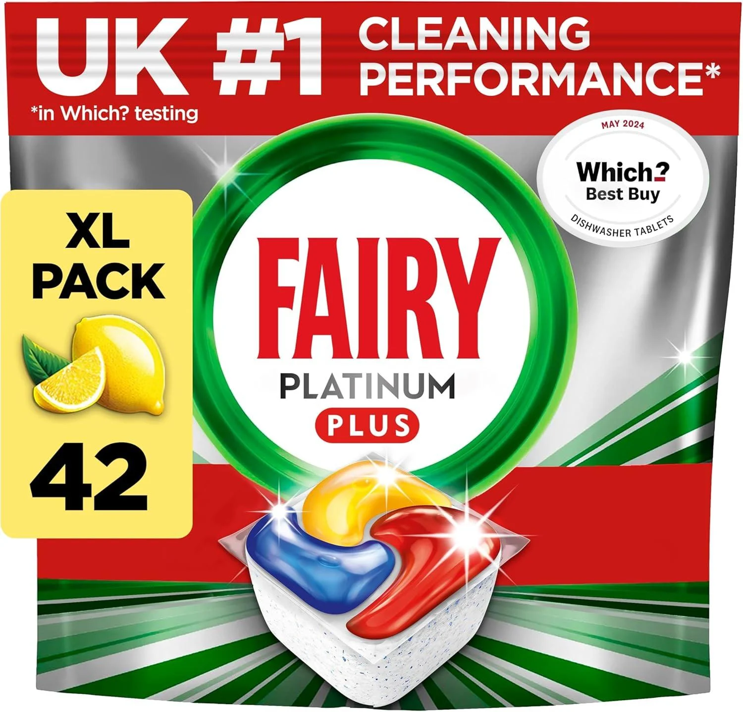 Fairy Platinum Plus All-In-1 Dishwasher Tablets Bulk 42 Tablets Lemon With Anti-Dull Technology & Rinse Aid Action