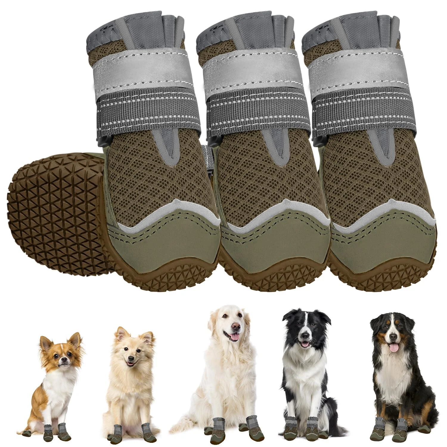 Slowton dog shoes Paw protection 4 pieces of breathable dogs shoes outdoor with a non-slip sole adjustable reflective Velcro fastener Hunde boots for small medium and large dogs size 7: width 7 cm L.Hellbraun-on-acting (4 pieces)