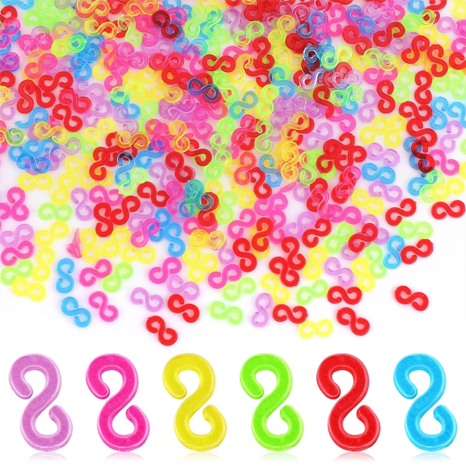 Lusofie 500Pcs Rubber Band Clips Plastic S Clips Colorful Rubber Band Connectors Clip for Loom Bands Bracelet DIY Craft Making