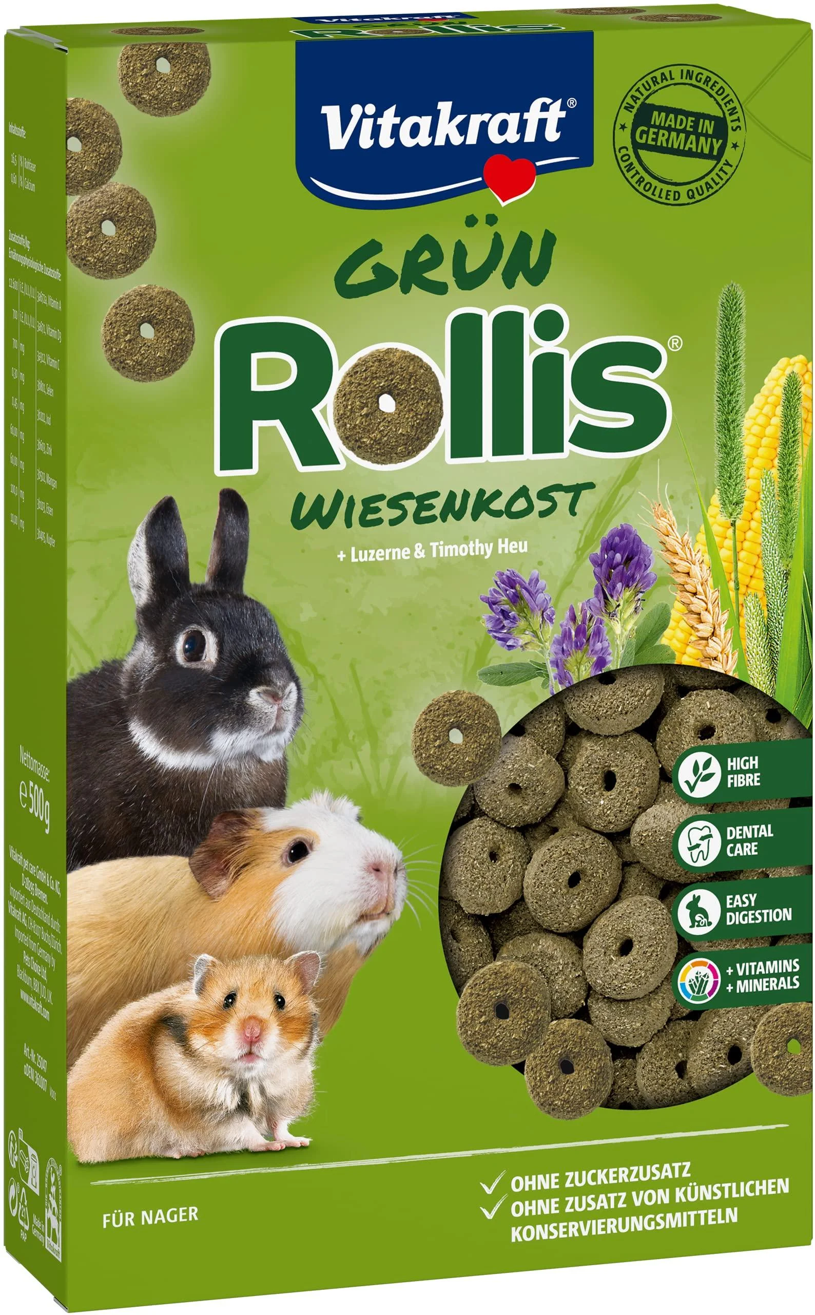 Vita power roller crispy rings supplementary feed for rodents with lucerne and meadow lies chest support digestion and tooth abrasion without adding sugar and grain (1x 500g) 500 g (1 Pack) - Vitakraft