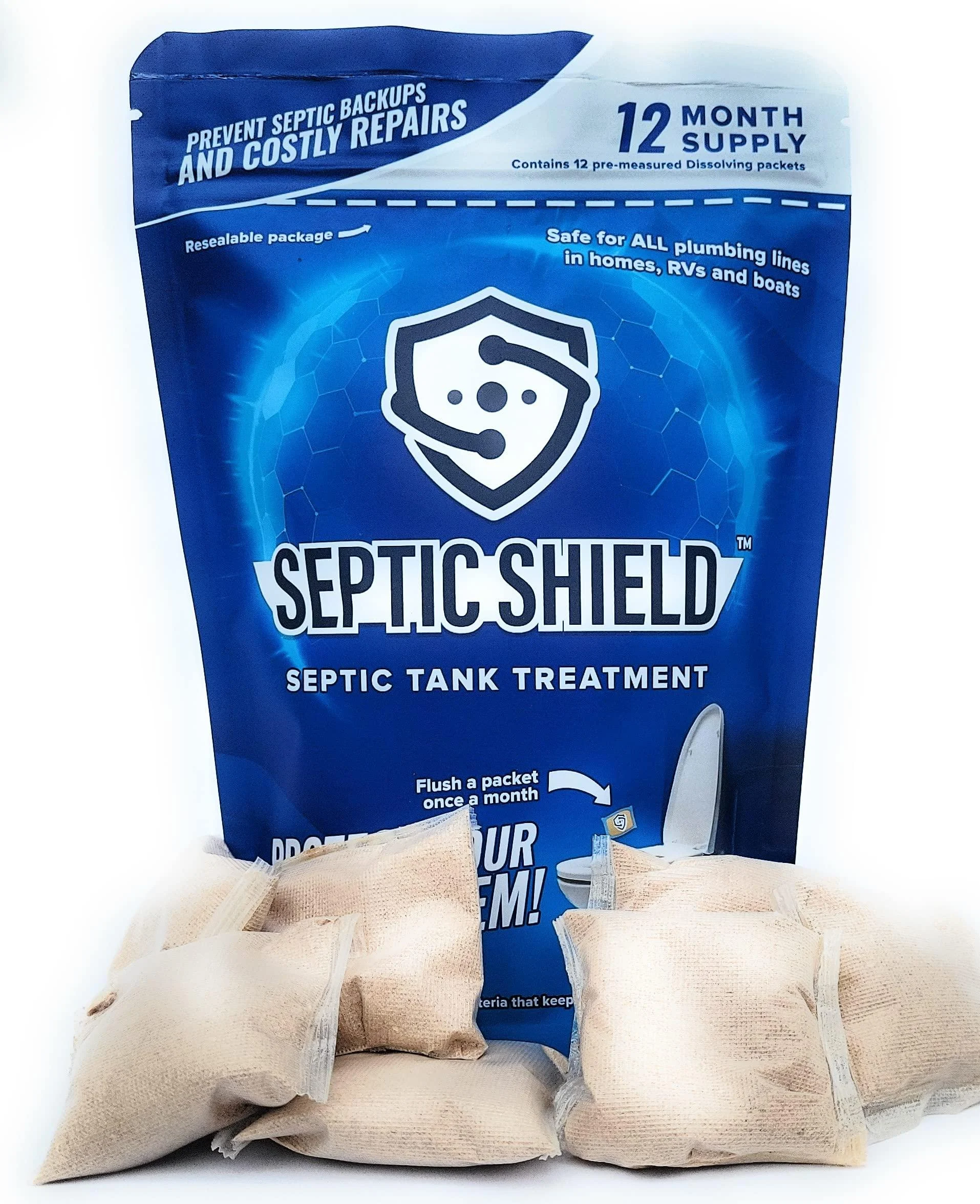 Septic Tank Treatment - 1 Year Supply of Dissolvable Easy Flush Live Bacteria Packets (12 Count) - Best Way to Prevent Expensive Sewage Backups - Made in USA