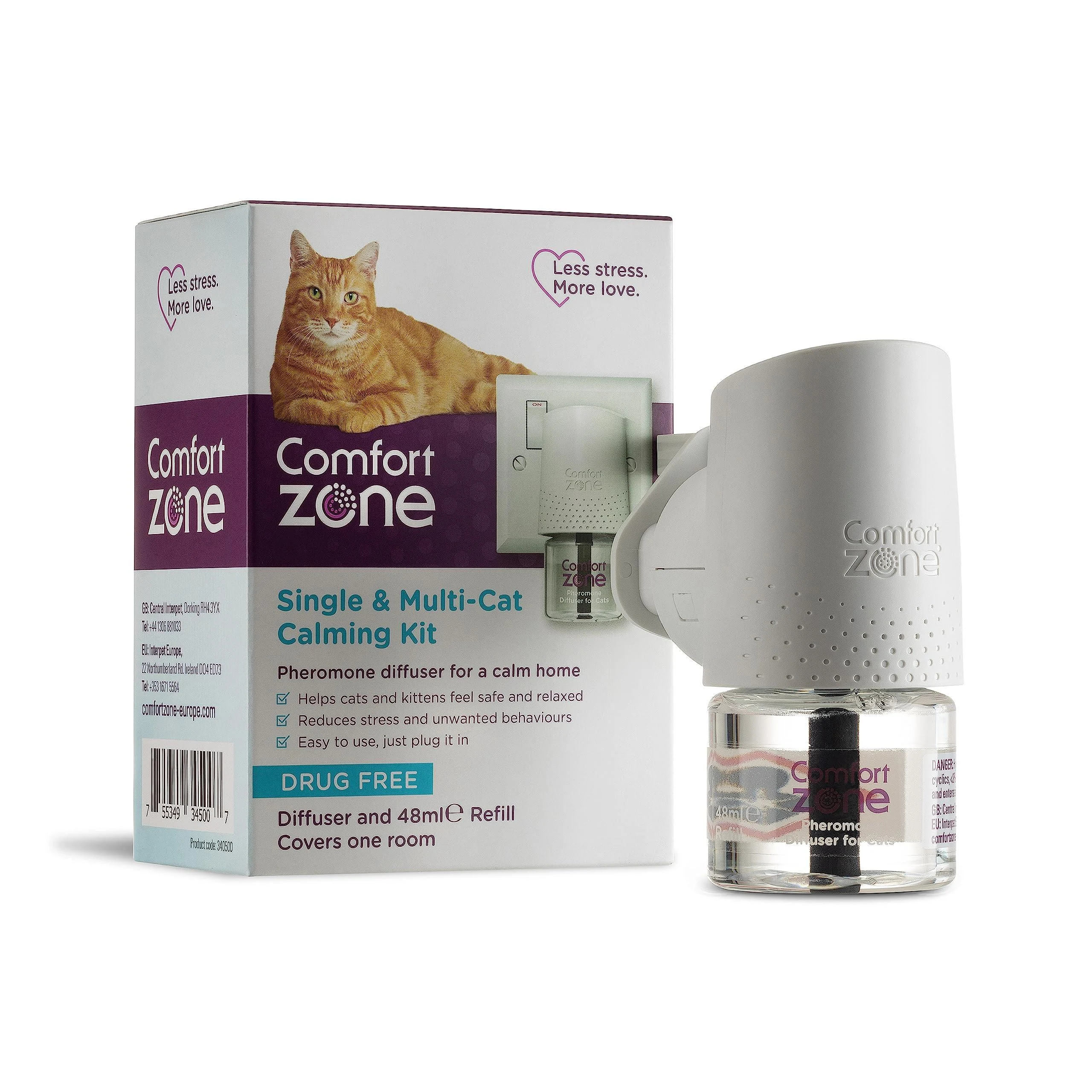 Comfort Zone Calming Pheromone Diffuser Starter Kit for a Calm Single or Multi-Cat Home Reduces Stress Spraying Scratching & Other Problematic Behaviours 1 Diffuser & 1 Refill