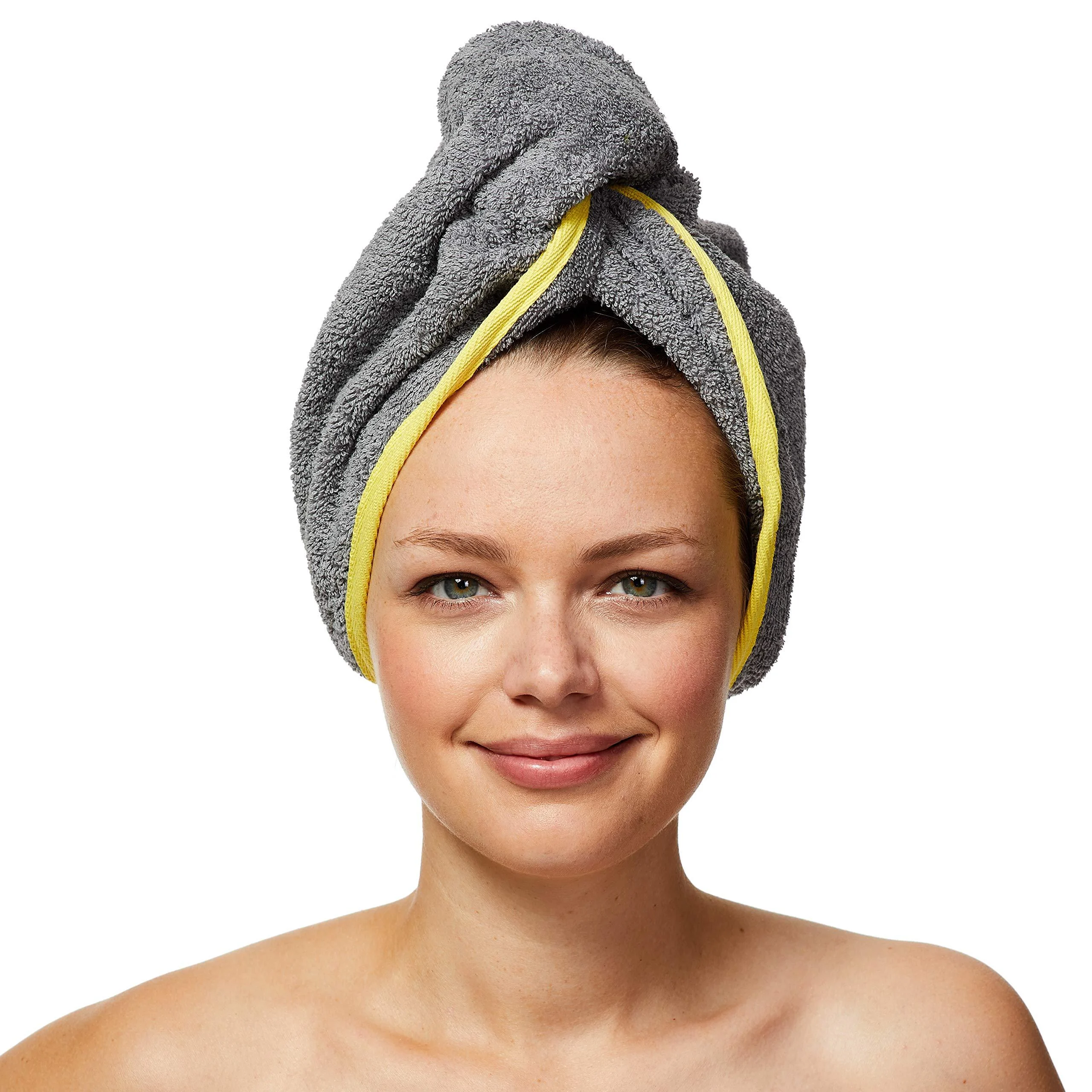 Sowel hair turban made of 100% organic cotton turban towel with button women and men grey/yellow