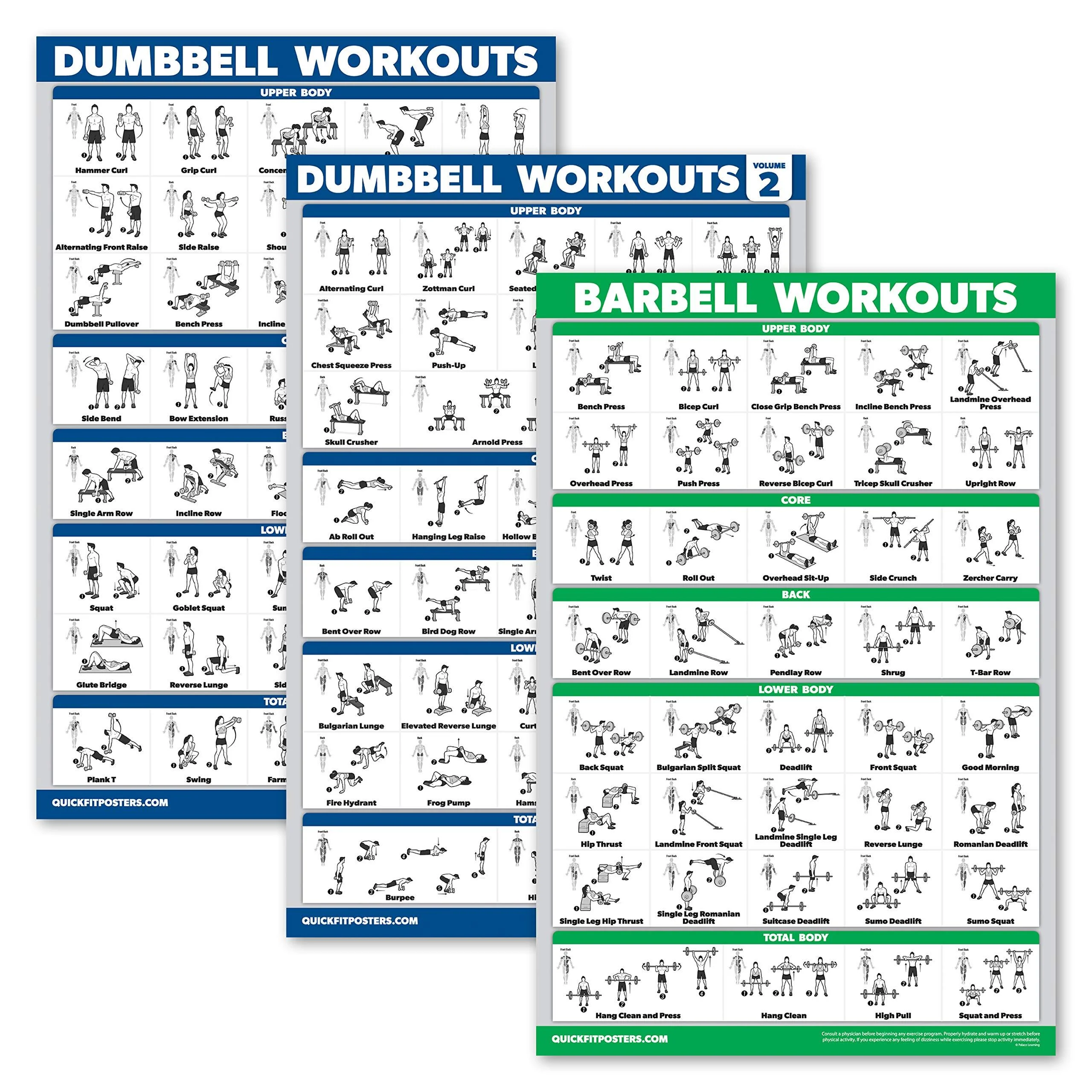 Palace Learning 3-pack: dumbbell training poster Volume 1 & 2 + Langbin exercises-set with 3 workout diagrams (laminated 45.7 x 61 cm) laminated 18 "X 24"