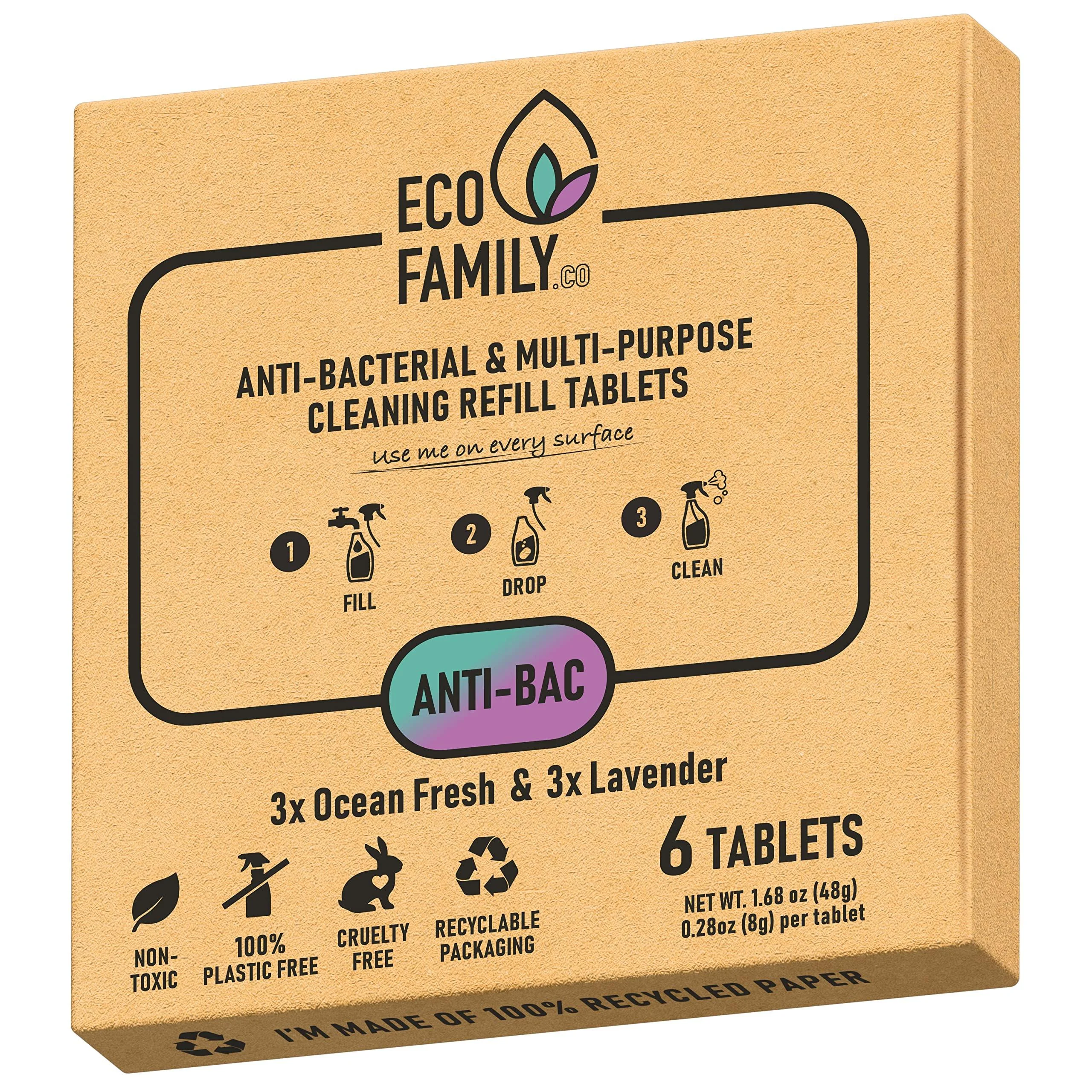 Eco Family Anti-bacterial Multipurpose Cleaning Tablets Refill (6x 8g) | Eco-Friendly Plastic-Free Non-Toxic Cruelty-Free | Ocean Fresh & Lavender Scent | For All Surfaces | Dissolve in Water