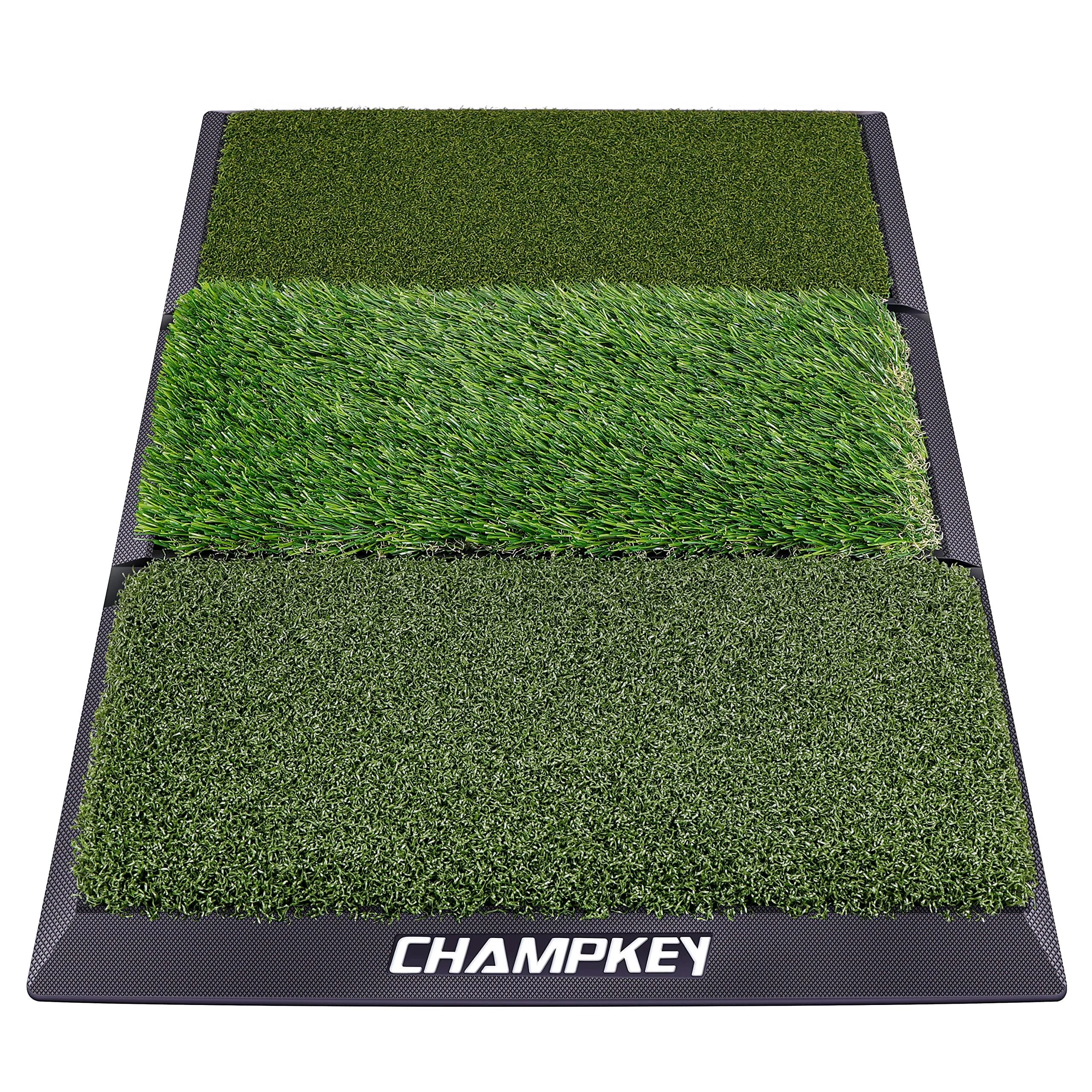 CHAMPKEY Professional Tri-Turf Golf Hitting Mat | Heavy Duty Rubber Backing Practice Mat Ideal for Indoor and Outdoor Training 16" x24" PRO Version